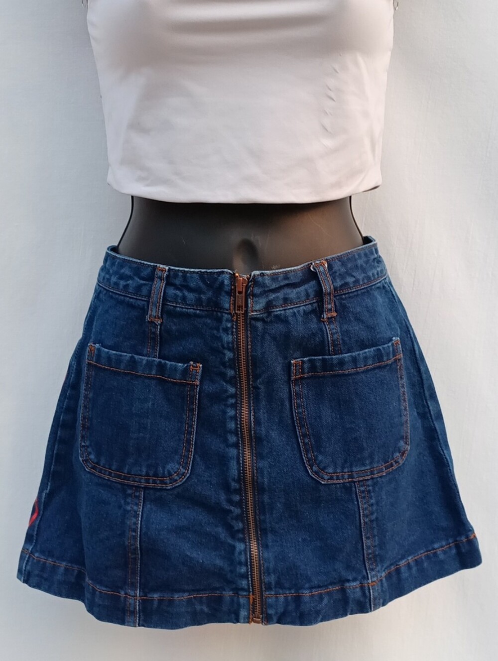 Forever 21 Blue Denim Zip-Front Mini Skirt, Red Skull Graphics